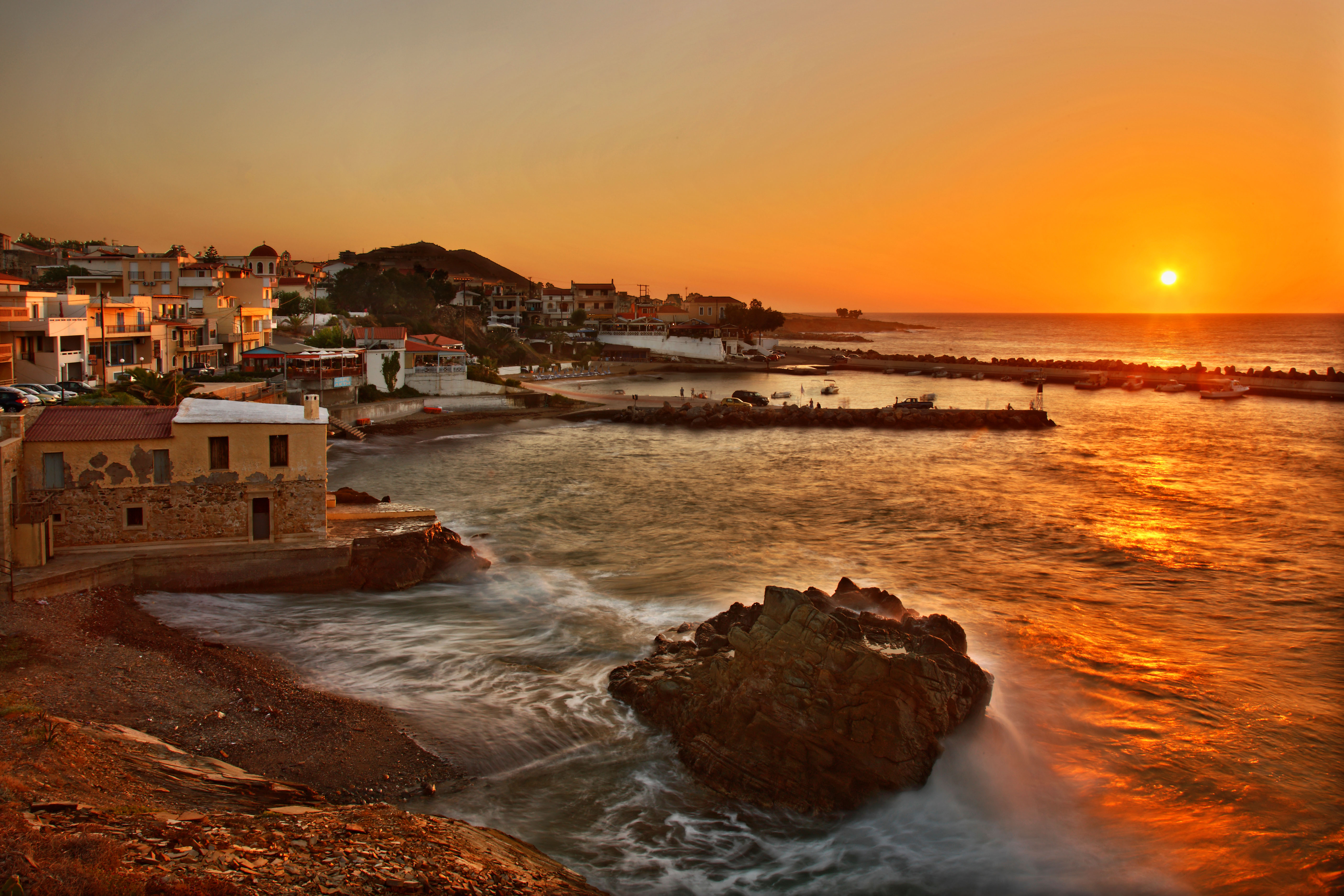 Sunset at Pamormos village, popular touristic resort, at Rethymnon prefecture, Crete, Greece 